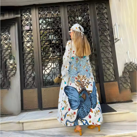 Peacock Kimono Cover Ups Longline One Size Duster Satin White Boho Festival NEW - Picture 1 of 6